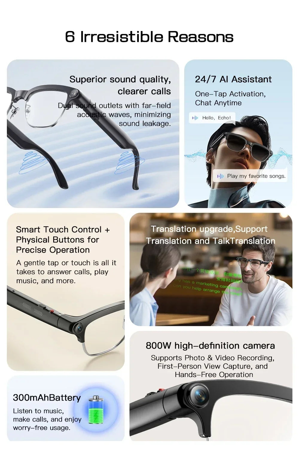 New Smart Glasses Take Photos and Videos Real-Time Translation Voice Assistant Translation 2GB Memory 800W Camera Smart Glasses