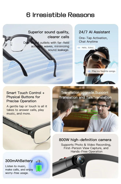 New Smart Glasses Take Photos and Videos Real-Time Translation Voice Assistant Translation 2GB Memory 800W Camera Smart Glasses