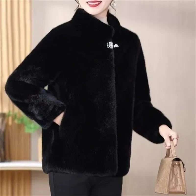 Middle Aged Mother's Clothing Autumn Winter Fashion Mink Fur Fur One-Piece Short Style Stand Collar Fur Jacket Female Warm Coat