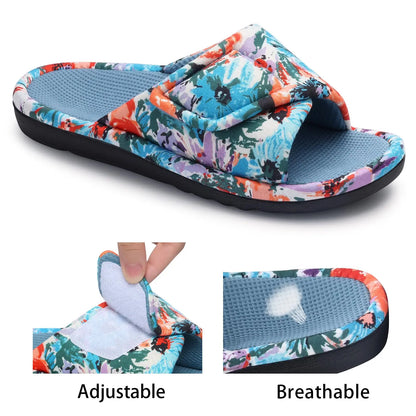 Litfun Winter Cotton Waffle Slippers For Women Breathable Indoor Adjustable Slides Slip On Open Toe Slippers With Arch Support