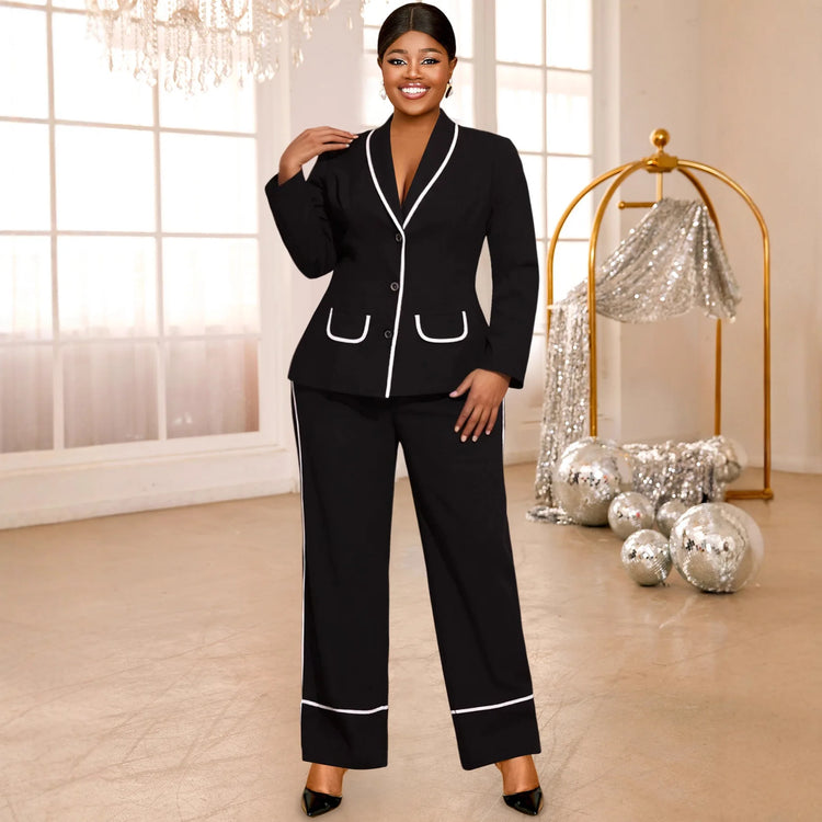 Plus Size Women's Black Contrast Trim Blazer Suit Fashion V-neck Single-breasted Jacket + Wide-leg Pants Two-piece Set Y2K