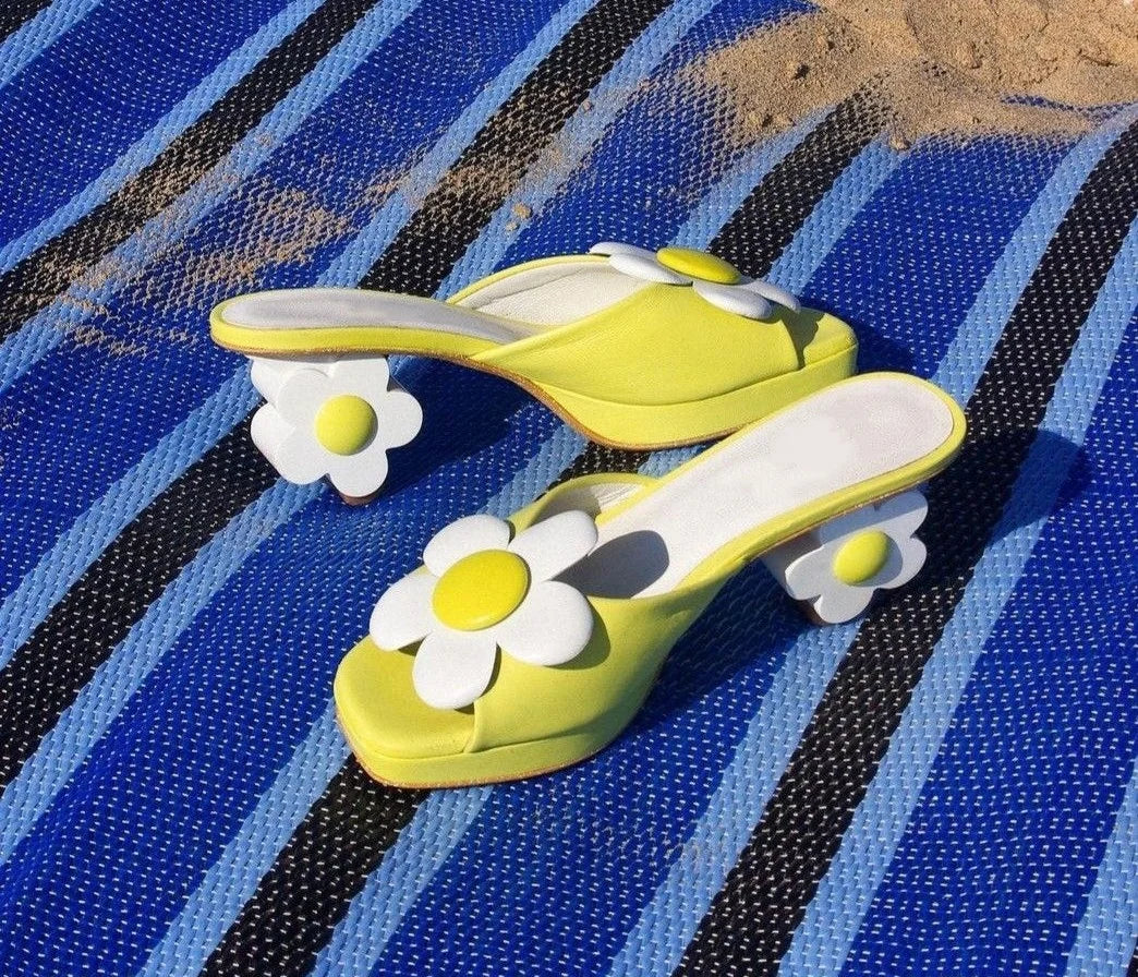 Sweet Style Round Toe Outdoor Flowers Summer Fashion Lady Slippers Strange Flower High Heels Pull On Design Large Size Shoes