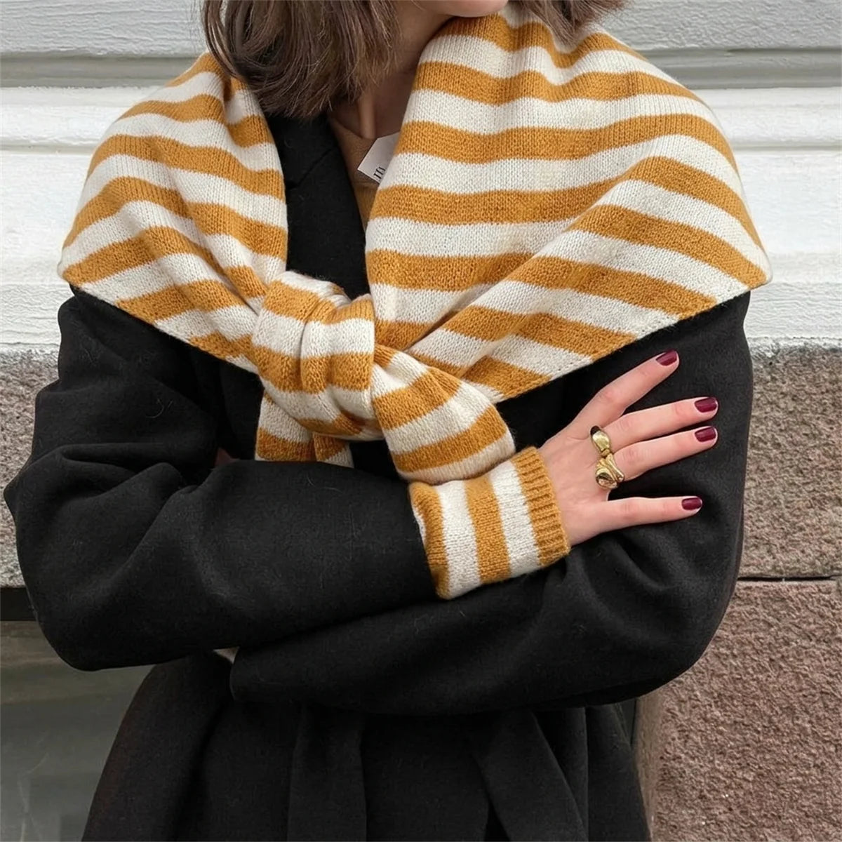 Versatile Striped Knitted Triangle Shawl Scarf Women Winter Warm Neck Wrap Casual Layering Scarves for Daily Street Accessory