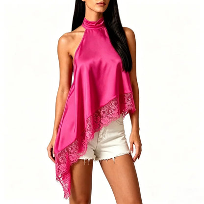 Women Y2k Mock Neck Halter Top Satin Lace Asymmetrical Hem Tank Tops Sleeveless Elegant Going Out Crop Tops