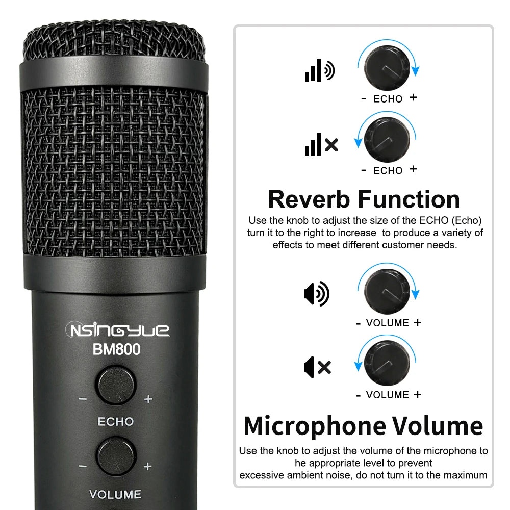 USB Microphone,with Volume and Echo Control,Computer Condenser Gaming Mic for PC/Laptop,for Singing,Podcast,Studio Recording