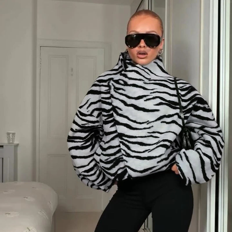 Fashion Women's Zebra Stripe Print Jacket Stand Collar Full Sleeve Loose Oversize Jackets Female 2026 Autumn Street Lady Coat