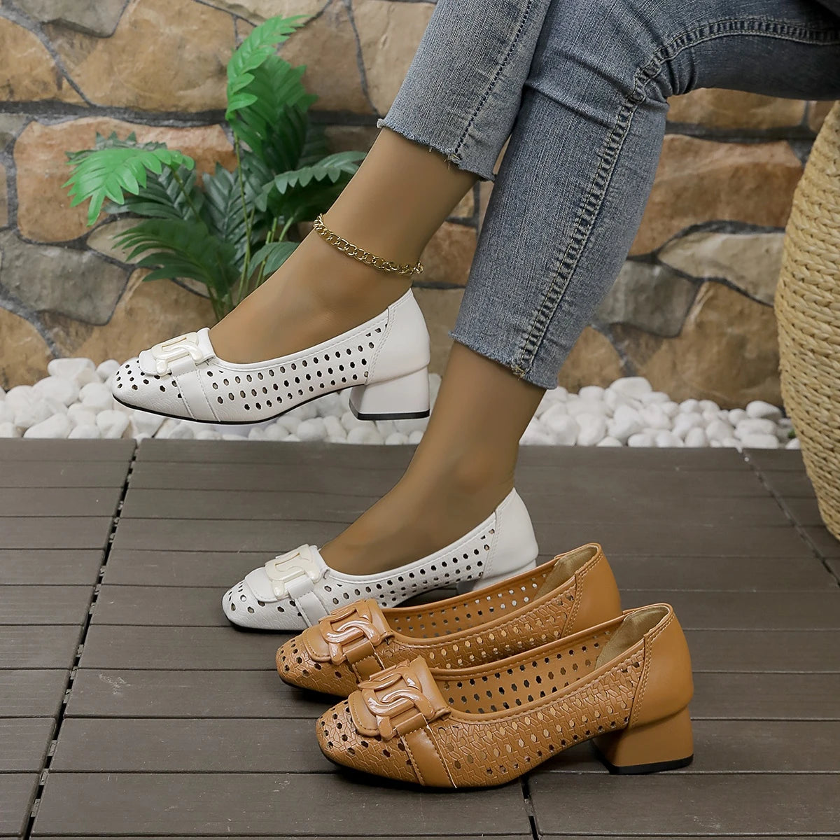 French Retro Woven Women Pumps Breathable Square Toe Block High Heels Elegant Hollow Office Lady Shoes Luxury Designer Sandals