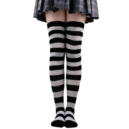 Thigh High Stockings Womens Striped Ladies Girls Black White Pink Long Over Above Knee Socks Femboy Cosplay Lolita Harajuku Y2k