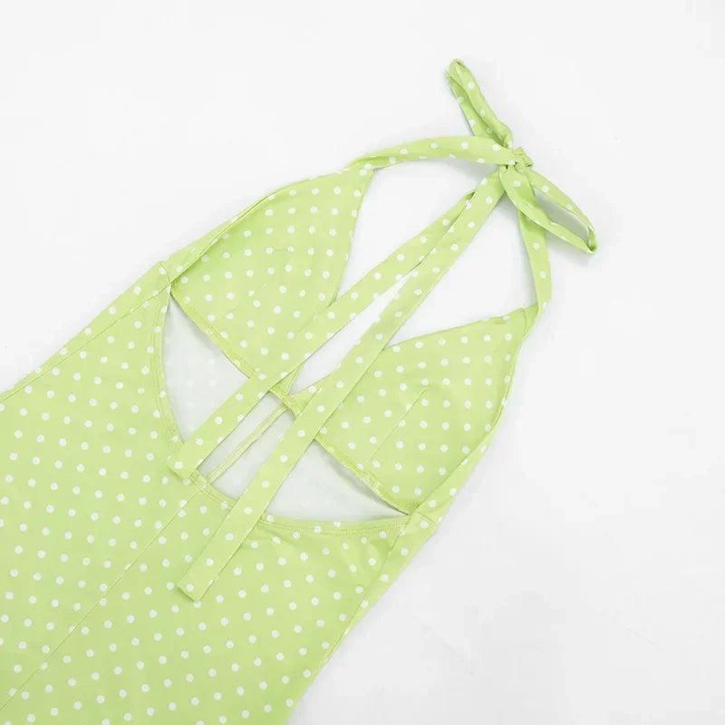 Bandage Halter Playsuits Women Polka Dot Print Summer Ruched Outfits Slim Backless Sleeveless V Neck Rompers Vacation Beach Gift