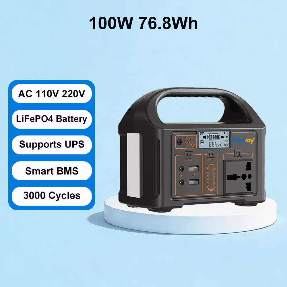 Gaiaray Portable Power Station 100W 200W 300W 500W Pure Sine Wave Solar Generator 110V/220V UPS LiFePO4 Power Plant For Camping