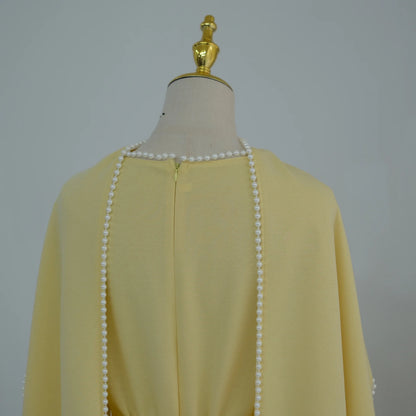 White Pearl Trim Cape Maxi Dress Women Elegant Long Sleeve Cinched Waist Muslim Robes 2026 Spring EID Abaya Lady Dresses