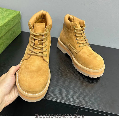 Handmade Men's Shoes Thick Sole Casual Genuine Leather Work Motorcycle Boots Male Desert Outdoor Youth Oxford Ankle Boots
