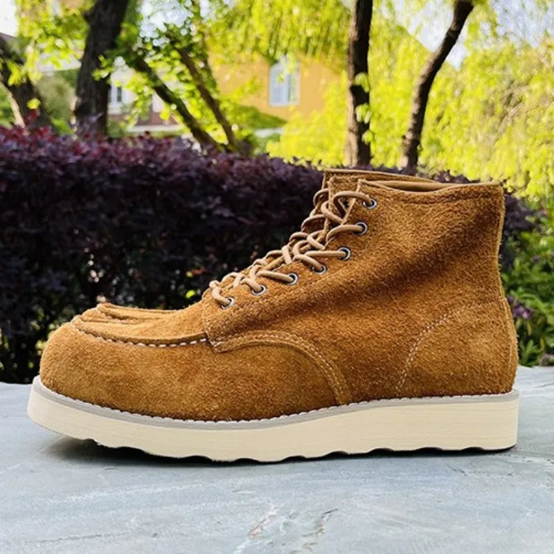 Retro Male Cow Suede Round Toe Hard Wearing Handmade Ankle Boots Leisure Genuine Leather Platform Solid Color Lace-Up Work Shoes