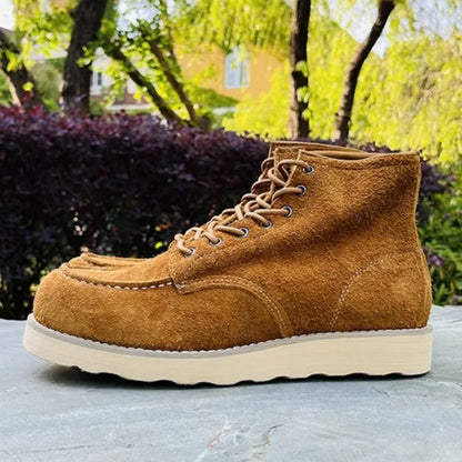 Retro Male Cow Suede Round Toe Hard Wearing Handmade Ankle Boots Leisure Genuine Leather Platform Solid Color Lace-Up Work Shoes