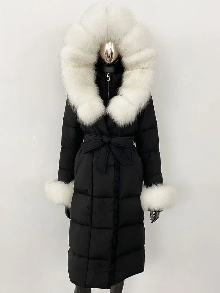 OFTBUY 2024 Long Winter Jacket Women Natural Real Raccoon Fox Fur Collar Hooded White Duck Down Coat Thick Warm Casual Outerwear