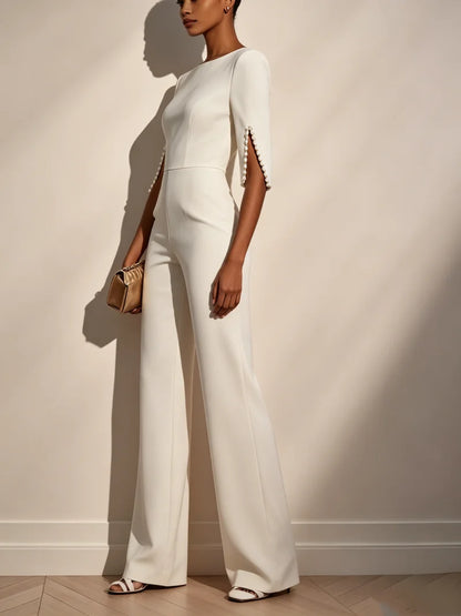 Women Round Neck Pearl Sleeve Wide Leg Jumpsuit Elegant Office Lady Fashion Spring Autumn