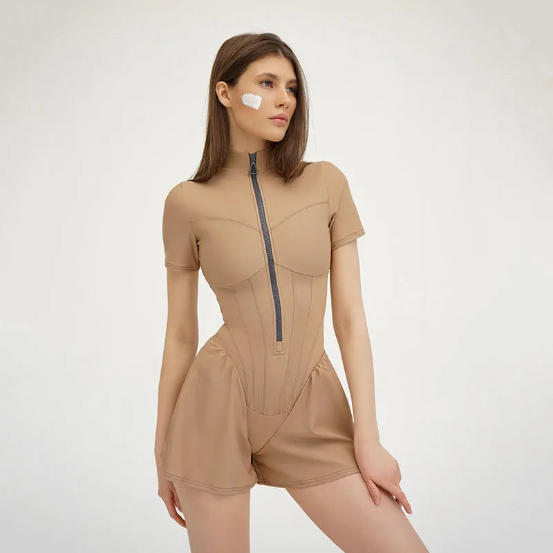 2026 New Women's Jumpsuit Solid Color Zip-Up O-Neck Short Sleeve Sports Bodysuits Women Summer Sexy Slim One-Piece Playsuits