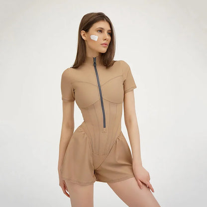 2026 New Women's Jumpsuit Solid Color Zip-Up O-Neck Short Sleeve Sports Bodysuits Women Summer Sexy Slim One-Piece Playsuits