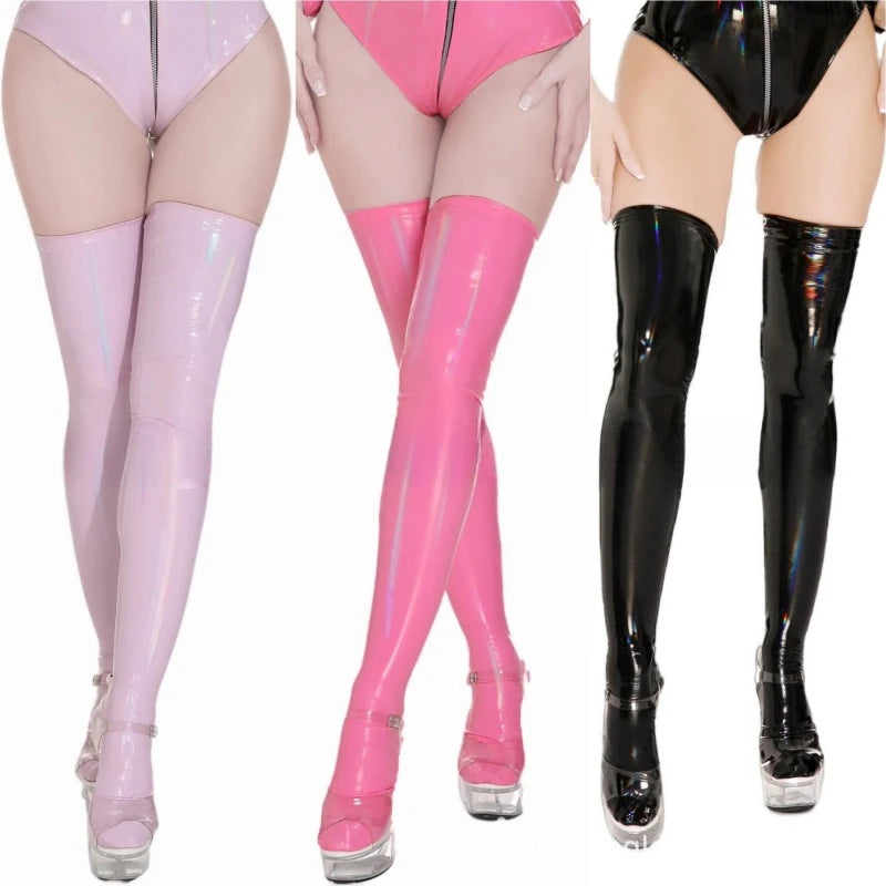 Faux Leather Thigh High Sexy Stockings Wetlook Oil Shiny PVC Leather Party Stockings For Women Cosplay Clubwear Sexy Hosiery