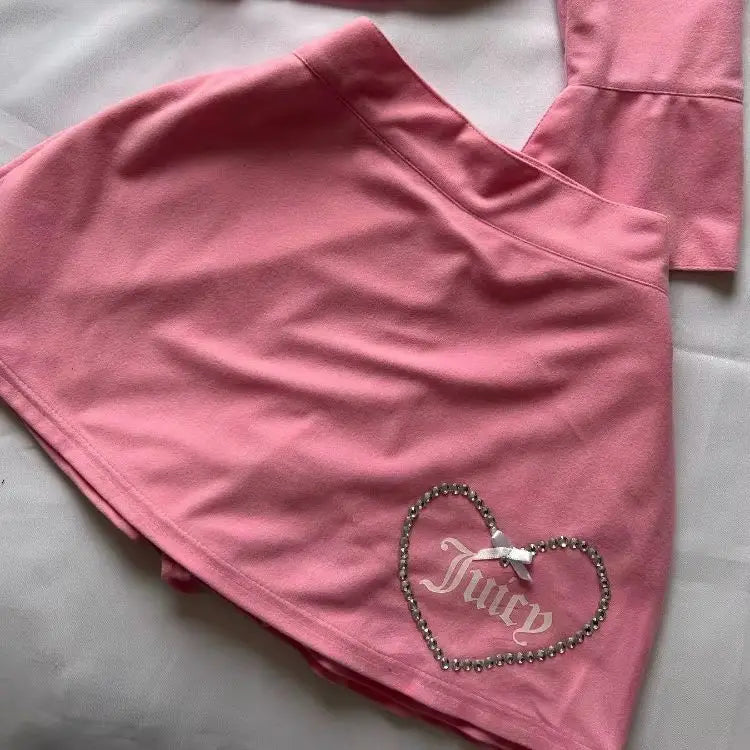 Y2K Pink High Waist Mini Skirt with Rhinestone Heart Juicy Logo Bow Soft Velour A-line Preppy Kawaii Streetwear for Women