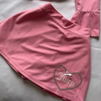 Y2K Pink High Waist Mini Skirt with Rhinestone Heart Juicy Logo Bow Soft Velour A-line Preppy Kawaii Streetwear for Women