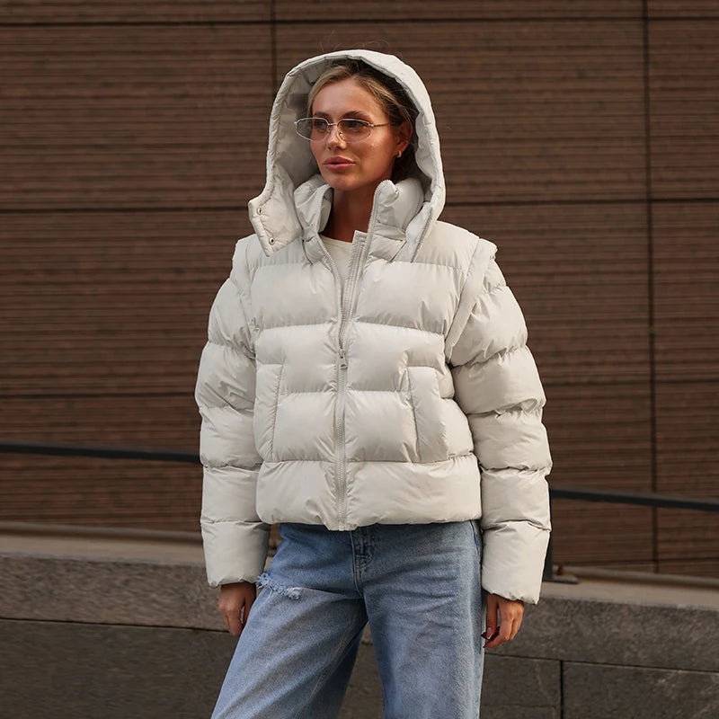 Detachable Sleeve Hooded Quilted Jackets 2026 Winter Ladies Solid 2-in-1 Zippers Waistcoat Cotton Coats Women's Warm Outwear