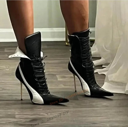 Patchwork Lace Up Thin High Heel Boots Matte Leather Pointed Toe Shoes for Women Stilettos High Heels Shoes Zapatos Para Mujere