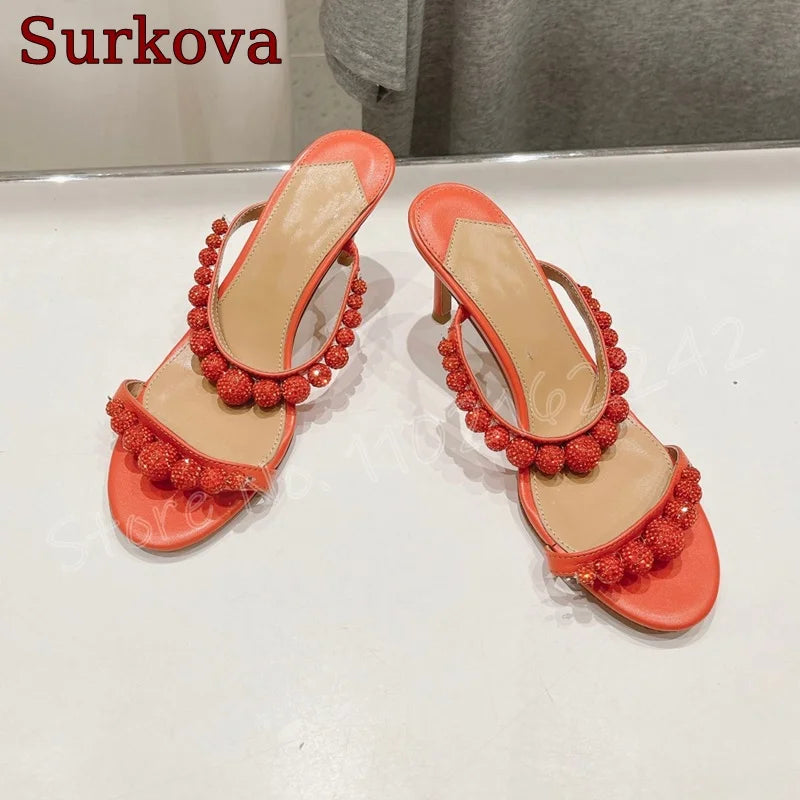 Green Pearl High Heel Slippers Open Toe Round Head Shallow Mouth Slippers Elegant Casual Luxury Dress Women'S Shoes Summer New