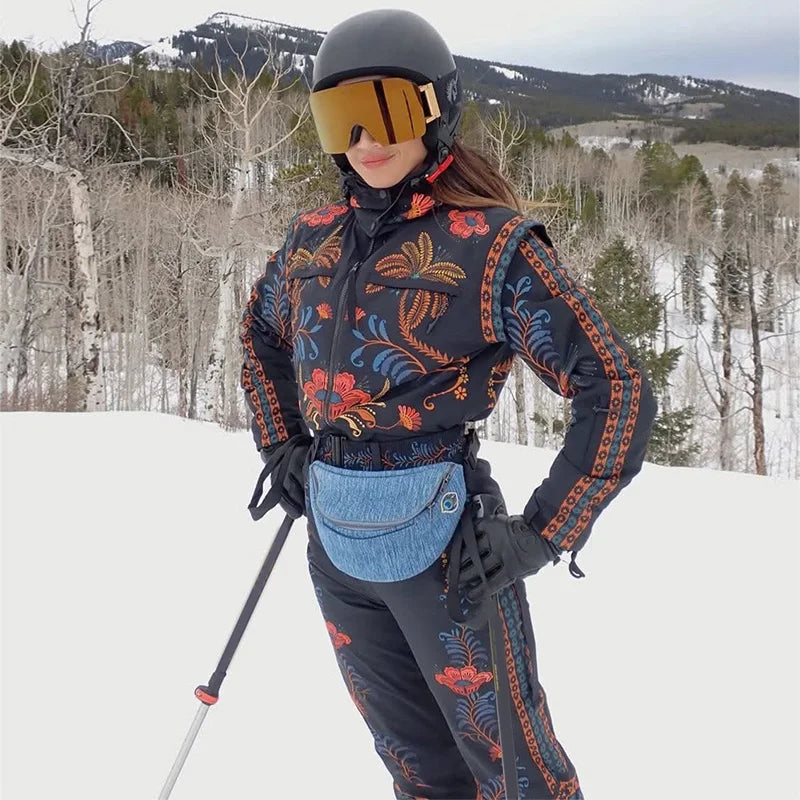 Women's Skiwear Printed With Belt Jumpsuits Winter Female Stand Collar Long Sleeve Zipper Slim Jumpsuit New Ladies Ski Sportwear