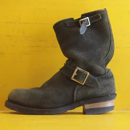 Hot Dark Green Handmade Vintage Khaki Suede Work Boots Men and Women Engineer Shoes American Retro Moto Faded Mid-Calf Boot