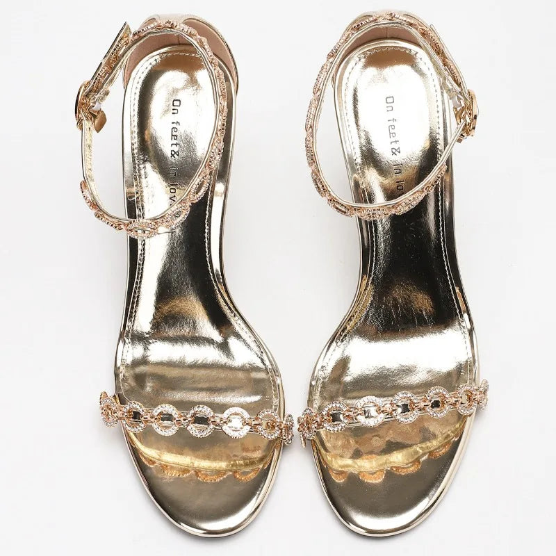 Rhinestone Chain Luxury High Heeled Women Sexy Sandals Female Open Toe Ankle Strap Elegant Banquet Wedding Shoes Women Pumps