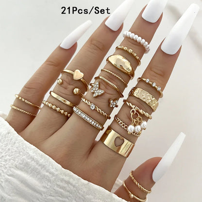 28Pcs Fashion Geometric Knuckle Rings Set For Women Crystal Heart Gold Silver Color Rings Girls  Party Jewelry Accessories