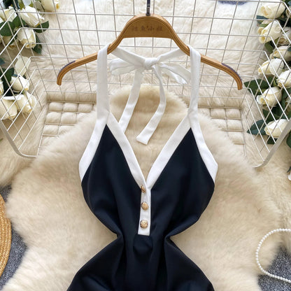SINGREINY Ins Beach Jumpsuits Ladies Halter Sleeveless Button Design Backless Bodysuits American Retro Solid OL Slim Playsuits