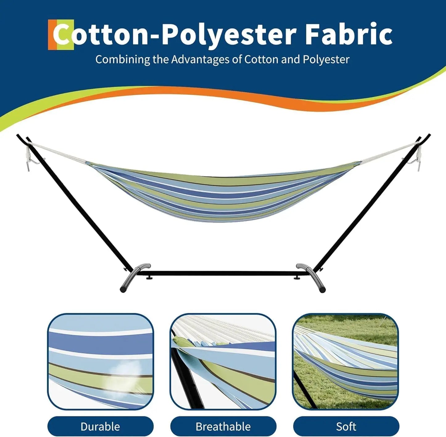 Double Cotton Hammock with Stand, Hammock with Adjustable Steel Frame | Portable Freestand Hammock Set Includes Carry Bag, Padded Polyester Pad & Pillow, 450 lb Capacity for Garden/Backyard/Travel