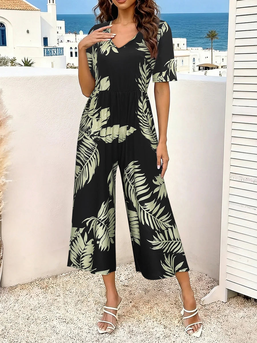 Women's Tropical Leaf Print Short Sleeve Jumpsuit, Summer Casual V Neck Elastic Waist Wide Leg Romper With Side Pockets
