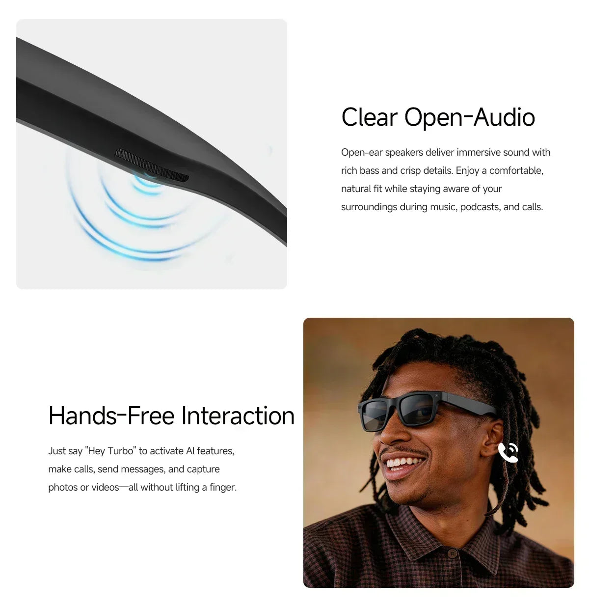 2026 Smart Glasses Genuine Leather 8MP HD Lens 2000Mah Charging Case BT Call 3D Music AI Voice Wake-up AI Translation