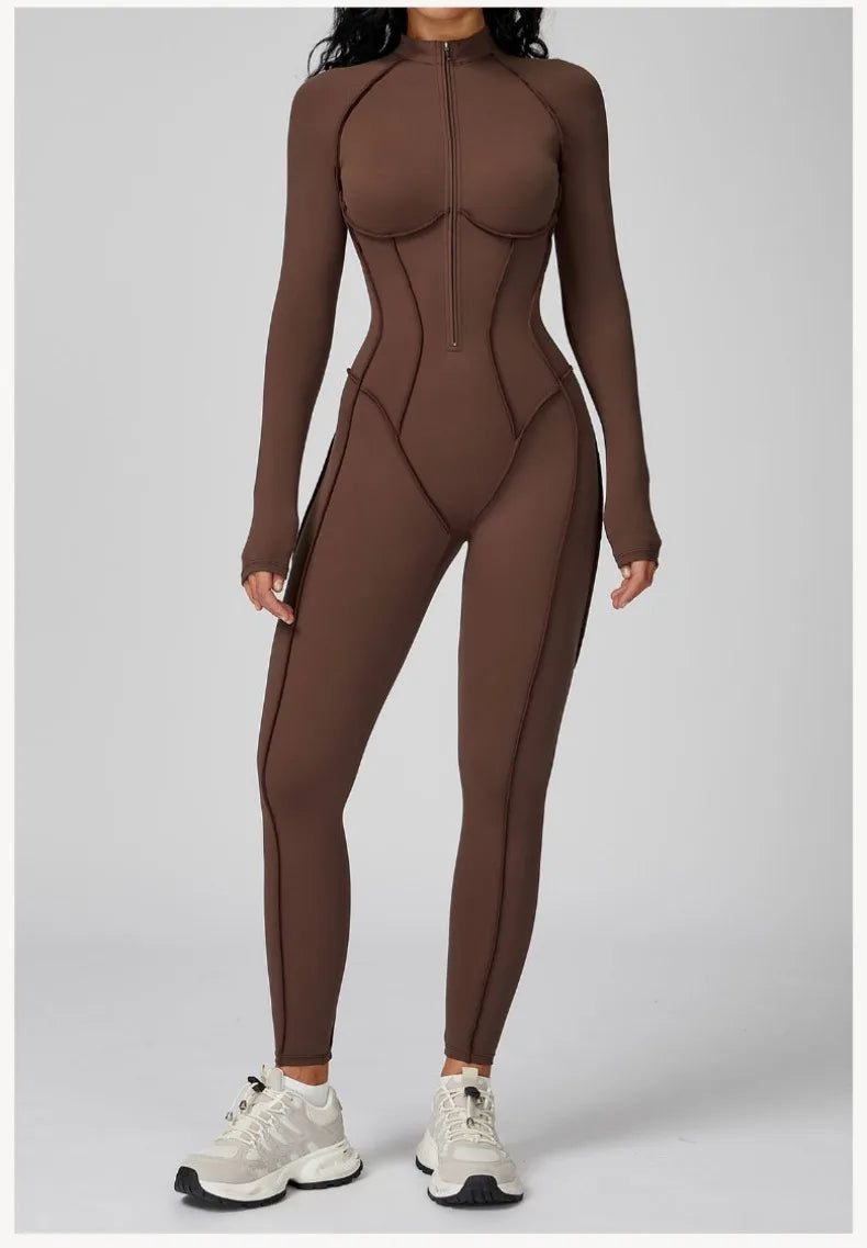 Women's New Sports Bodysuits Fitness Jumpsuit Slim Zipper Neck Sexy Splice Elasticity Jumpsuit Female Gym One Piece Sportswear