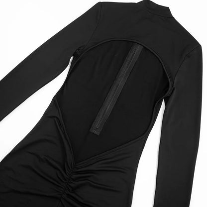 2026 Autumn Women Solid Backless Skinny Playsuits Fashion Zip-up Stand Collar Full Sleeve Ruched Peach Hip Slim Rompers Clubwear