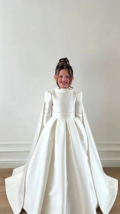 Luxurious White Sequin Beauty Pageant Dress With High Neck Long Sleeves A-line Tail Flower Girl Dress Toddler Princess Wedding