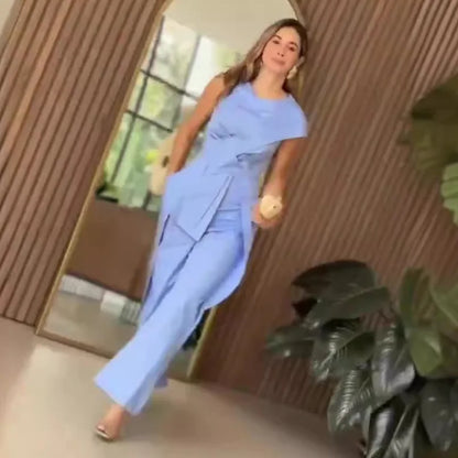 Jumpsuits O Neck Sleeveless Spliced Women Rompers Straight Ankle Length Loose High Waist Jumpsuit Solid Work Blue Pockets