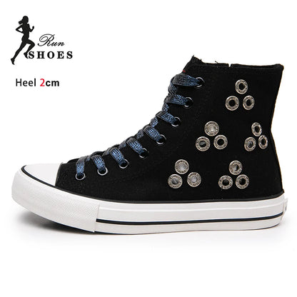 Breathable Hollow Canvas Short Boots Summer Women Black Casual Shoes Punk Rivet Flat Bottomed Shoes 2CM Woman High top Sneakers