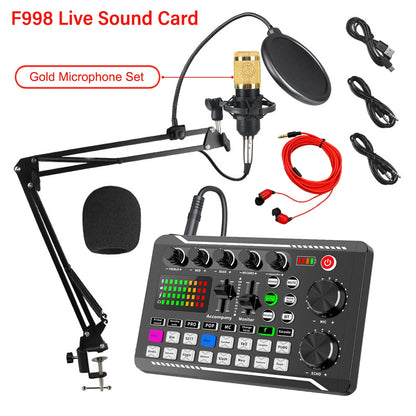F998 Podcast Live Equipment Bundle, Professional Live Sound Card with Microphone Set Mixer Recording Studio Package Music Singin