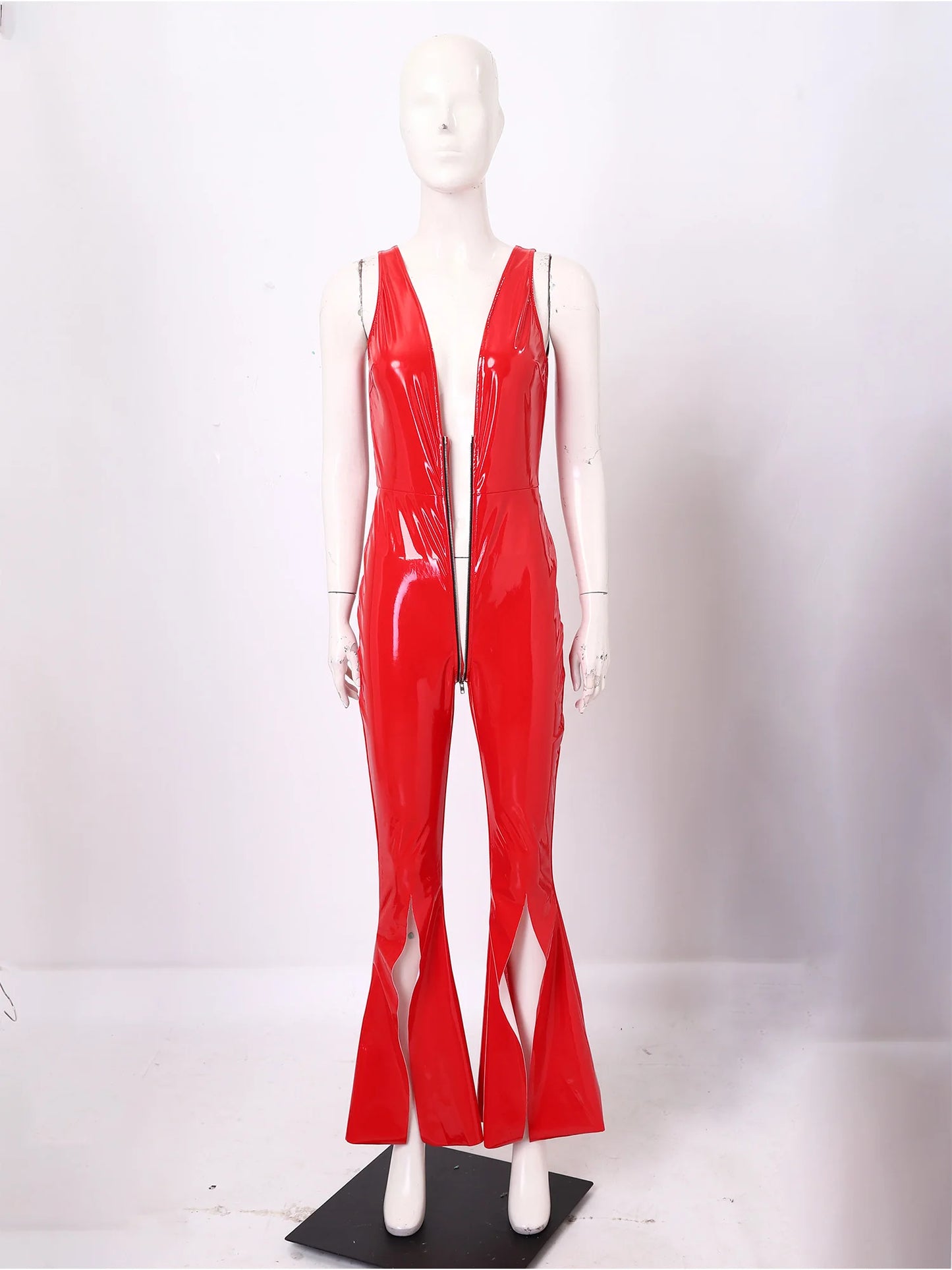 Women Glossy PU Flared Jumpsuit Deep V Neck Double-ended Zipper Split Bell Bottom Sleeveless Unitard Rompers Rave Party Clubwear