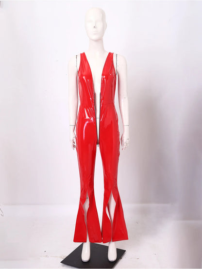 Women Glossy PU Flared Jumpsuit Deep V Neck Double-ended Zipper Split Bell Bottom Sleeveless Unitard Rompers Rave Party Clubwear