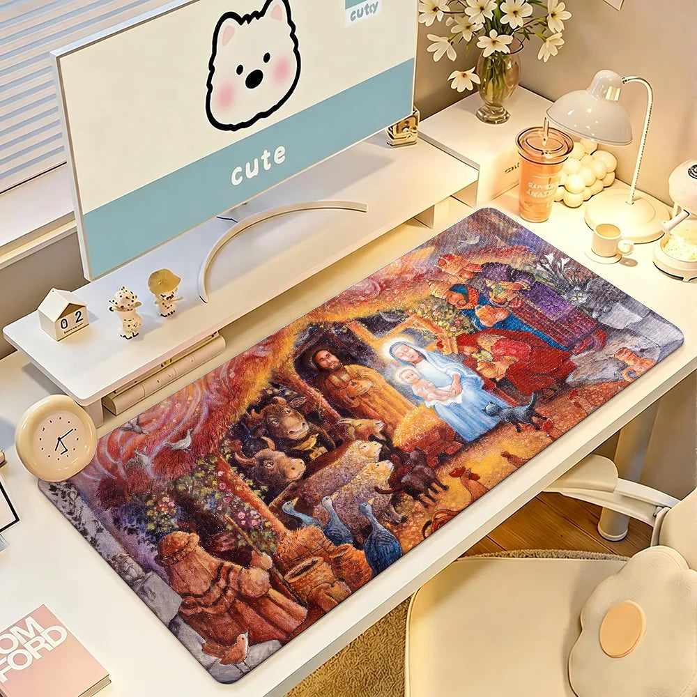 Christmas Nativity Scene Mouse Pad Large Non-Slip Waterproof Mat Stitched Edge Keyboard Pad for Gaming Daily Office