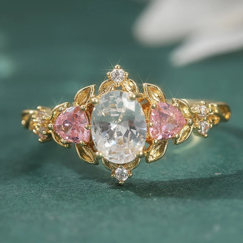 2 Pcs/set Retro Elegant Pink Synthetic Zircon Ring, Ladies' Engagement Proposal Gift, Jewelry
