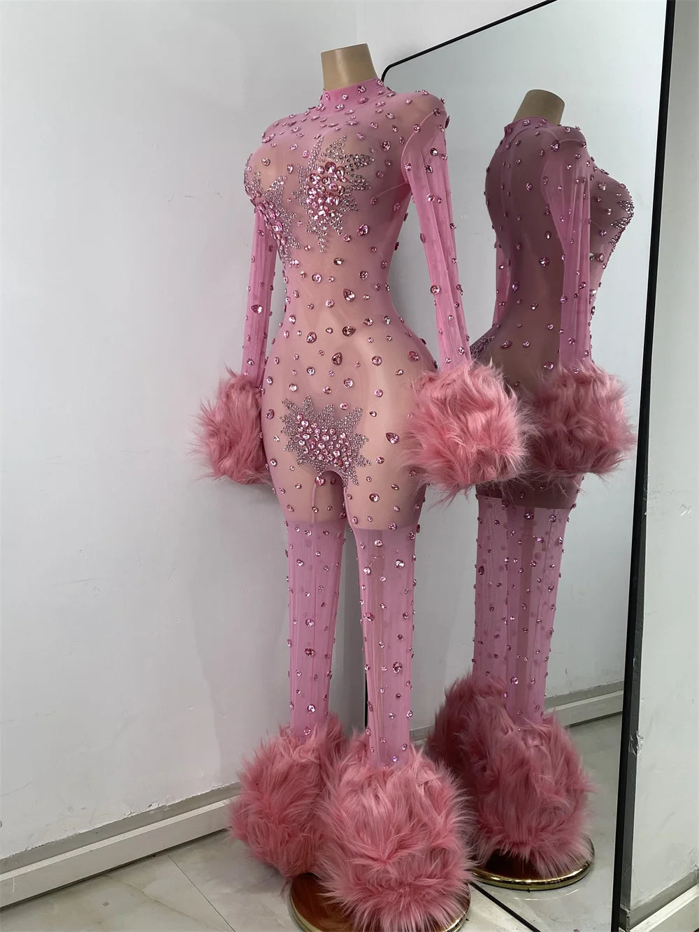 Luxury Diamonds Mesh Transparent Stretchy Jumpsuit for Women Sexy Long Sleeve Performance Singer Costume Nightclub Outfit 2025