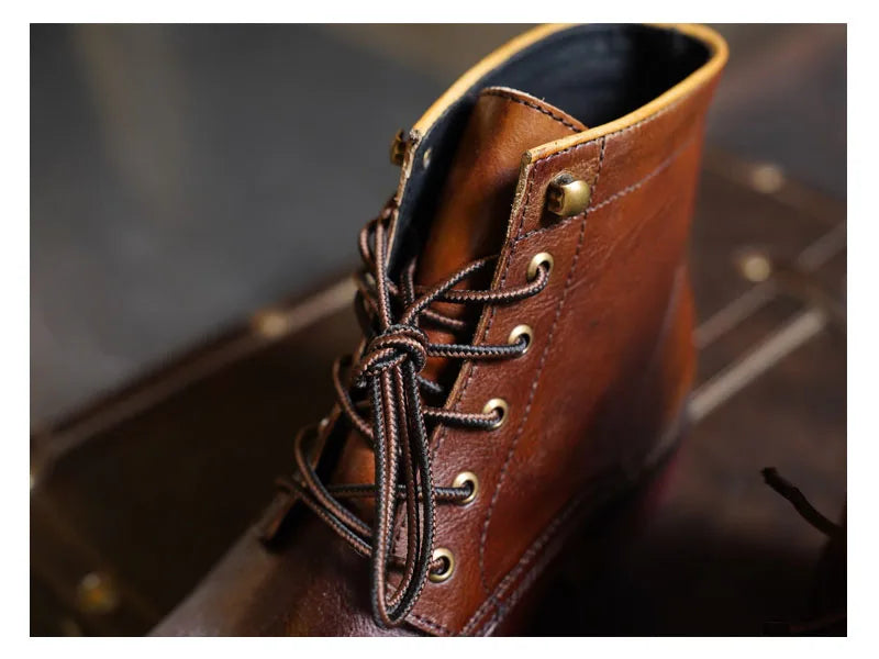 Fashion Men's Genuine Leather Motorcycle Boots British Brogue Shoes High-top Round Toe Mid-calf Chelsea Western Riding Boots