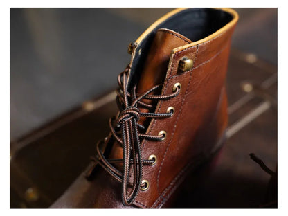 Fashion Men's Genuine Leather Motorcycle Boots British Brogue Shoes High-top Round Toe Mid-calf Chelsea Western Riding Boots
