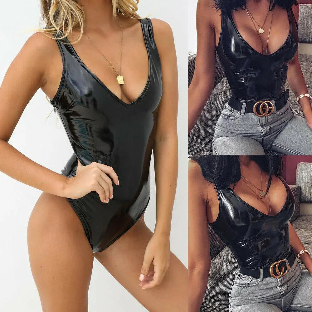 Plus Size 9XL 8XL 2025 Sexy Underwear V Low-Cut Elastic PU Leather Backless Bodycon Jumpsuits for Women 7XL 6XL 5XL XXXXL